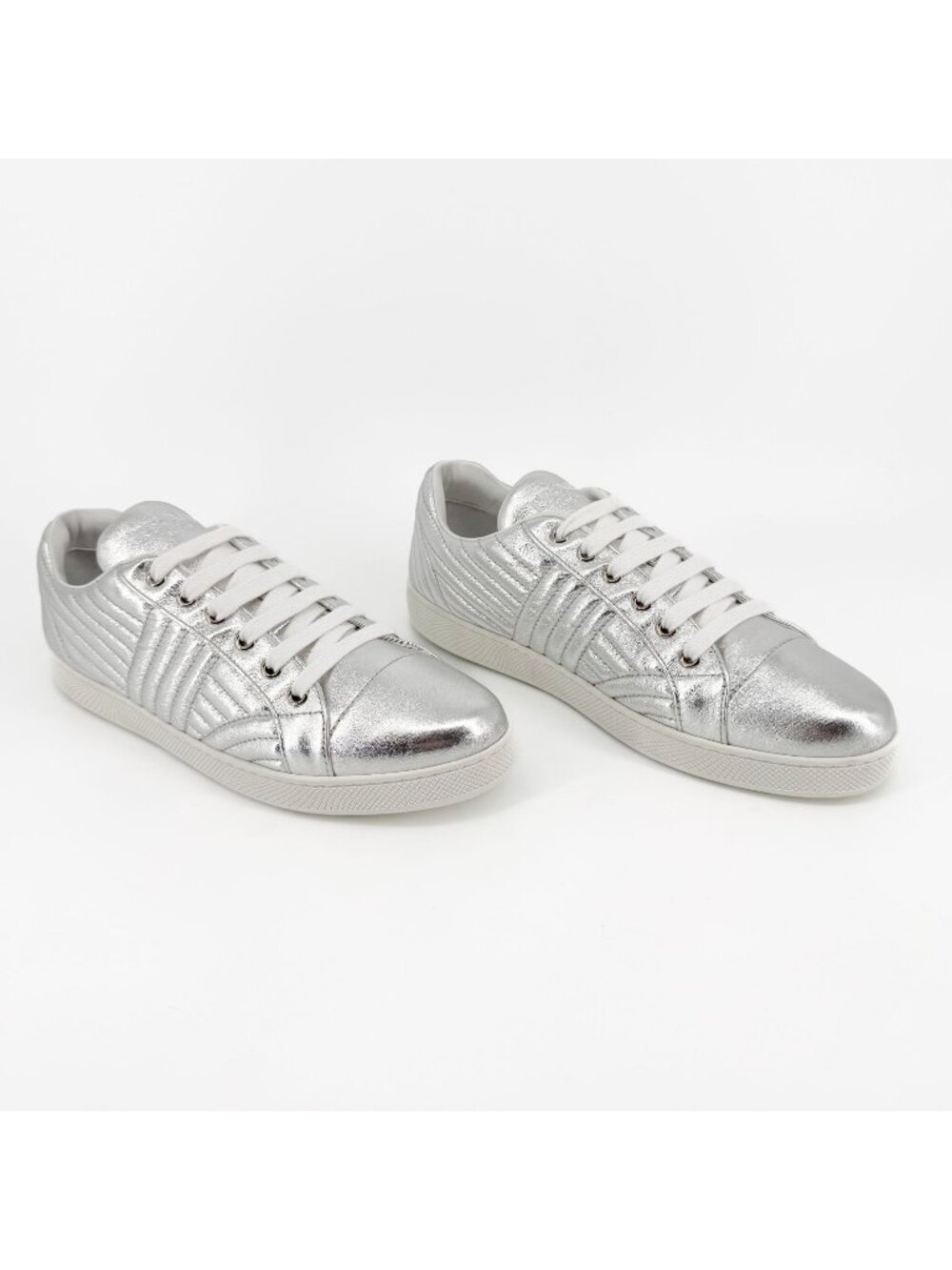 Prada Diagramme Quilted Sneakers EU 39.5 US 9.5 Metallic Silver Low Top Shoe
